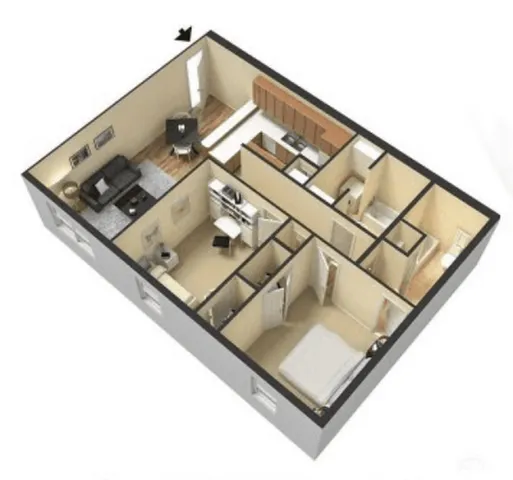 Modern 3D floor plan showcasing a cozy 1-bedroom apartment featuring a stylish kitchen, inviting living area, and sleek bathroom.