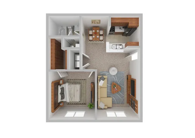 Modern 3D floor plan featuring a cozy one-bedroom apartment with an inviting living area, stylish kitchen, and well-appointed bathroom.