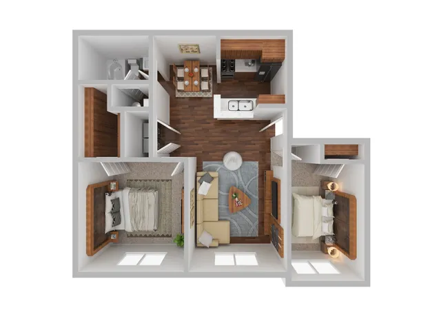 Chic 2D floor plan showcasing 2 cozy bedrooms, an inviting open-plan living room, a modern kitchen with dining area, and a well-appointed bathroom.