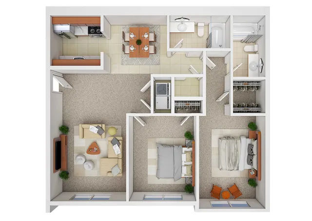 Modern 2D floor plan showcasing two bedrooms, open living area, and a stylish kitchen, offering a blend of comfort and functionality.