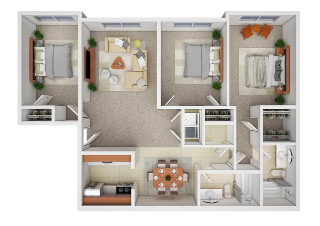 Contemporary floor plan showcasing 3 spacious bedrooms, a cozy living room, modern kitchen, and elegant dining area.