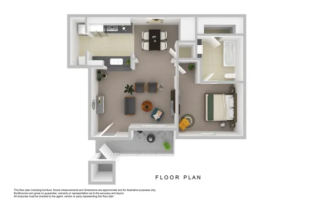 Modern 3D floor plan showcasing an open-concept living area, spacious kitchen, cozy bedroom, and private balcony, designed for comfort and style.
