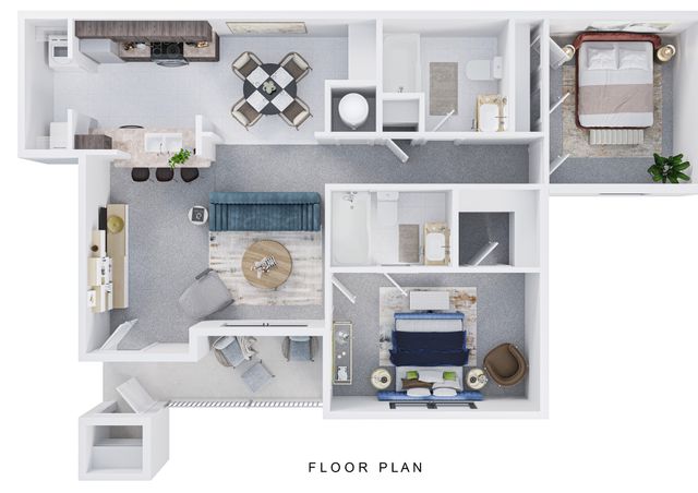 Charming 2-bedroom apartment floor plan featuring spacious living area, modern kitchen with dining set, and two elegant bathrooms.