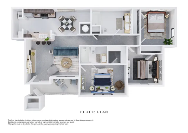 Modern floor plan featuring a spacious two-bedroom apartment with a stylish open-concept living area, elegant kitchen, and two luxurious bathrooms.