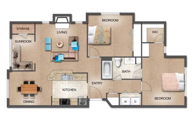 Modern apartment floor plan featuring 2 bedrooms, stylish sunroom, spacious living area, and elegant kitchen with dining space.