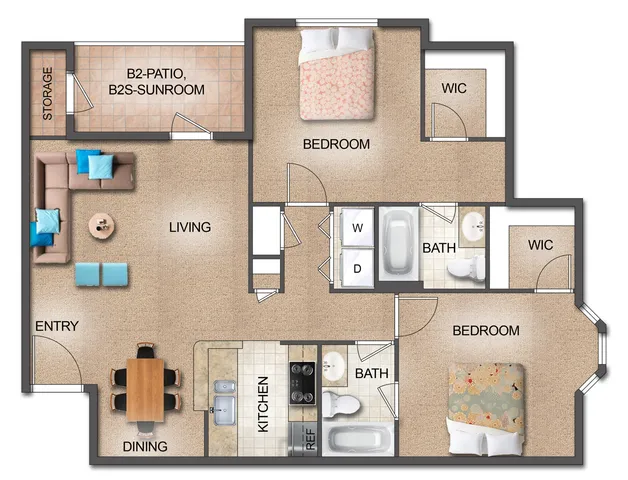 Charming apartment floor plan showcasing 2 bedrooms, a spacious living room, modern kitchen, dining area, and sunlit patio featuring a sunroom.
