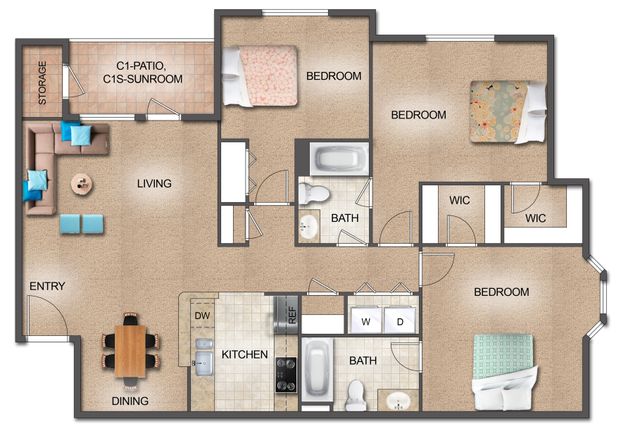 Inviting 3-bedroom apartment floor plan with a cozy living area, two baths, modern kitchen, and sunroom for relaxation.