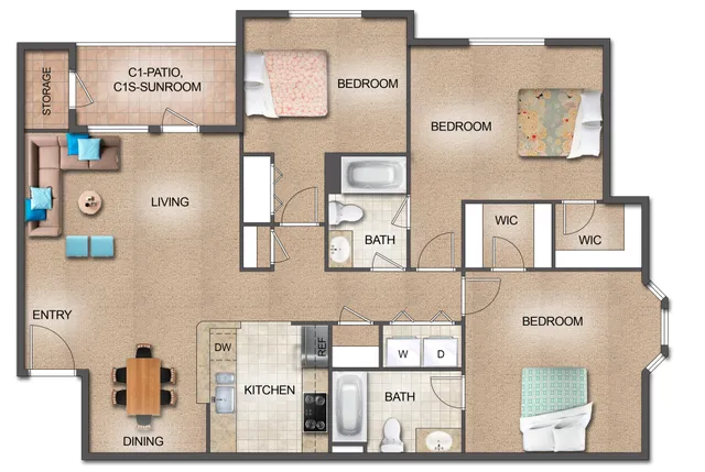 Inviting floor plan showcasing 3 bedrooms, 2 baths, a versatile patio-sunroom, and a modern open living-dining area for ultimate comfort.