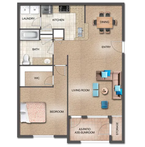 Modern floor plan featuring a spacious bedroom with walk-in closet, cozy living room, open kitchen, dining area, laundry space, and patio sunroom.
