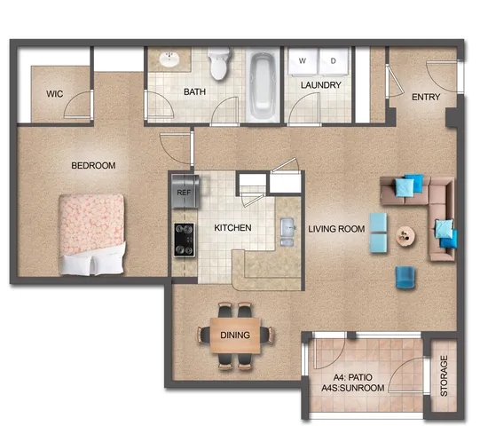 Stunning floor plan featuring a spacious bedroom, open living area, modern kitchen, and elegant dining space with sunroom and patio access.