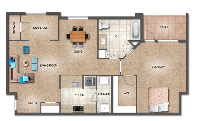 Contemporary apartment floor plan featuring one bedroom, spacious living room, sunroom, and patio. Includes modern kitchen, dining area, and convenient laundry space.