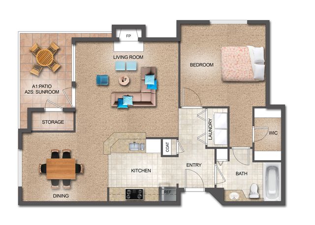 Inviting floor plan with a cozy bedroom, open living area, modern kitchen, and dining space, featuring a sunroom and patio for relaxation.