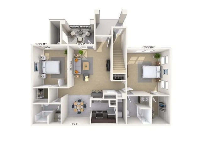 Chic 3D floor plan showcasing two spacious bedrooms, a modern open-plan living area, a well-equipped kitchen, and a cozy balcony.
