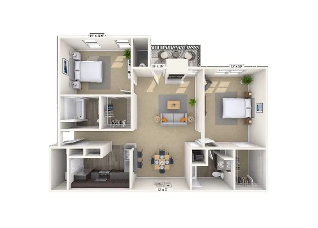 Chic 3D floor plan showcasing 2 spacious bedrooms, cozy living area, modern kitchen, and private balcony.