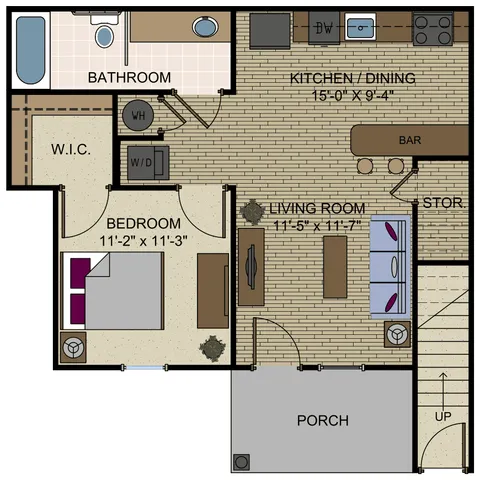 Charming floor plan featuring cozy 1-bedroom, sleek kitchen/dining area, inviting living room, and private porch.