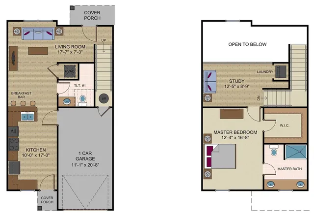 Modern two-story floor plan featuring a spacious living room, open kitchen with breakfast bar, and a one-car garage on the first floor. Cozy upstairs includes a master bedroom with en-suite bath, walk-in closet, and a study area.