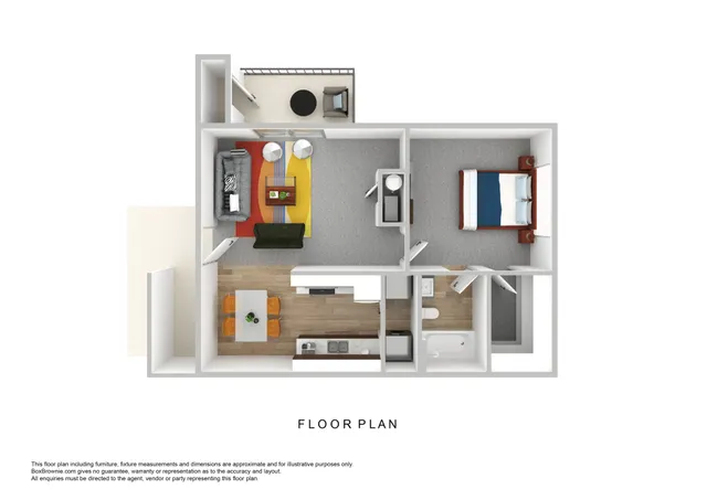 Modern floor plan with open living area, vibrant decor, cozy bedroom, and intimate balcony.