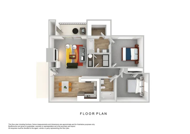 Modern 3D floor plan displaying two bedrooms, a stylish living room, and a contemporary kitchen, perfect for urban living.