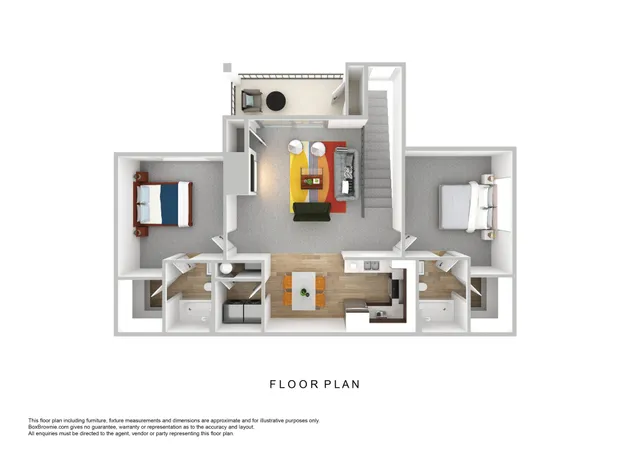 Modern 3D floor plan featuring 2 bedrooms, cozy living area, and a stylish kitchen with dining space.