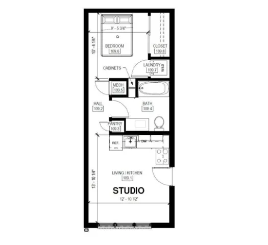 Elegant studio apartment floor plan featuring a separate bedroom, compact kitchen, cozy living area, and modern bath with convenient laundry and storage options.
