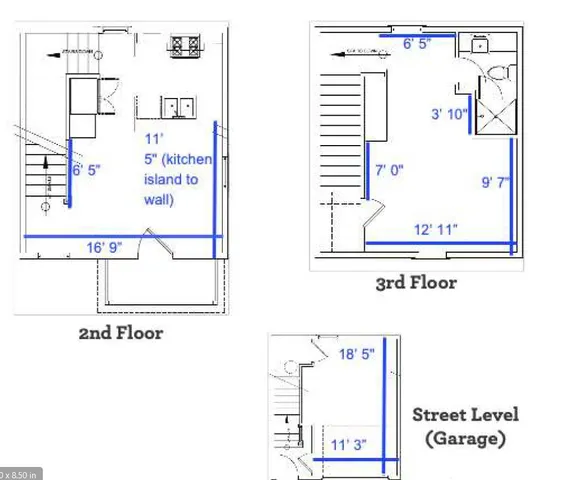 Contemporary townhouse floor plan featuring a spacious 2nd floor kitchen with island, cozy 3rd-floor bedroom and bath, and convenient garage at street level.