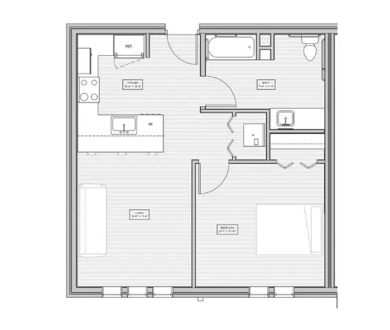 Contemporary floor plan showcasing 1 bedroom, a spacious kitchen, and inviting living area. Ideal for modern living.