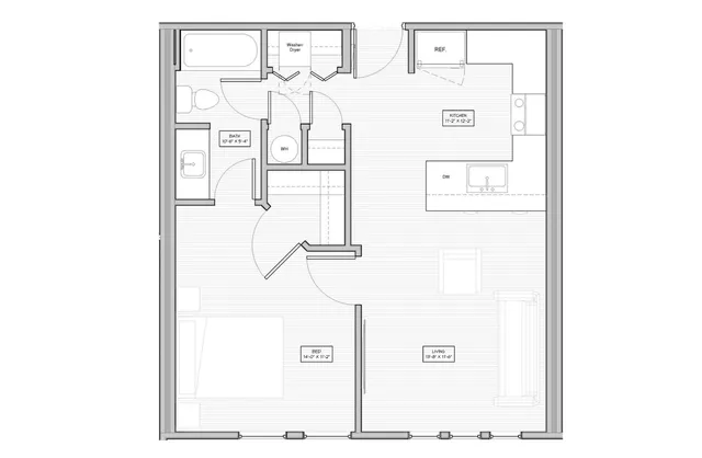 Modern 2D floor plan featuring a spacious bedroom, open kitchen with dining area, and elegant living room. Includes bathroom with washer/dryer space, perfect for comfortable living.
