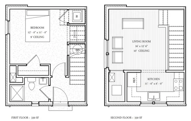Charming two-story floor plan with 1 bedroom and 1.5 bathrooms. Features a cozy living room with 10-foot ceiling and a functional kitchen. Total 660 sq ft of optimally designed space.