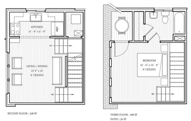 Chic multi-level floor plan showcasing a modern kitchen, open living/dining area, and spacious bedroom with elegant patio space.