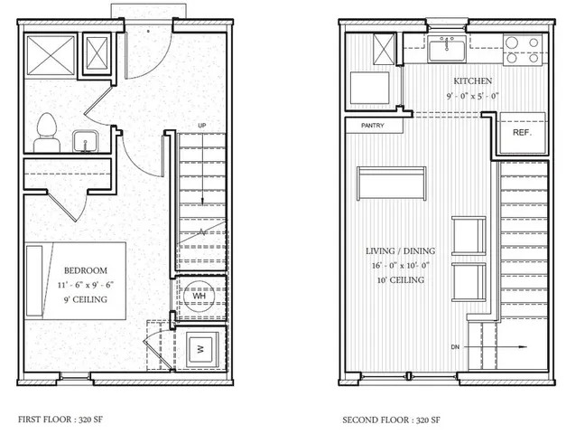Contemporary dual-level apartment floor plan with single bedroom, open kitchen, and spacious living/dining area, perfect for modern living.