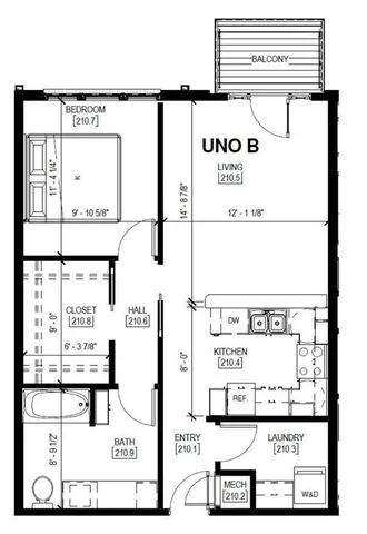 Modern UNO B floor plan with 1 bedroom, open living area, kitchen, and balcony, featuring efficient layout and ample closet space.