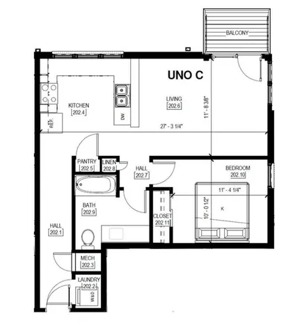 Smartly designed UNO C floor plan featuring a bedroom, modern kitchen, cozy living area, and private balcony.