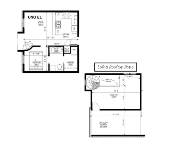 Unique floor plan featuring a modern open-concept loft with rooftop patio, spacious bedroom, and efficient kitchen layout.