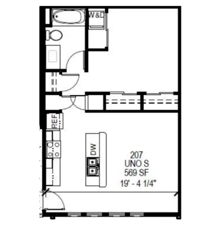 Modern 2D floor plan of a stylish apartment featuring an open kitchen, spacious living area, cozy bathroom, and efficient layout in 569 sq ft.