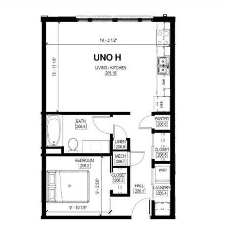 1 bedroom floor plan layout with open kitchen, storage, laundry