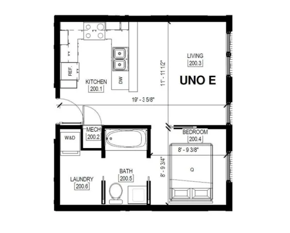 Elegant UNO E floor plan featuring one bedroom, open-plan living and kitchen area, and spacious bath; ideal for modern living.