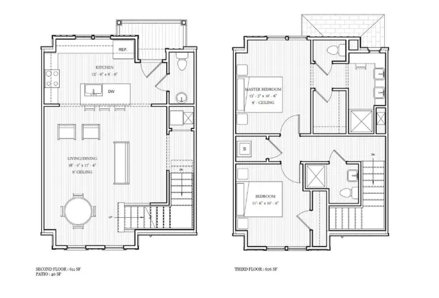 Elegant two-level floor plan featuring an open kitchen, spacious living and dining area on the second floor, with two cozy bedrooms including a master suite on the third floor.