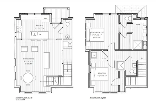 Elegant multi-level floor plan showcasing a spacious kitchen and living/dining area with 9\' ceilings on the second floor, and two welcoming bedrooms including a master suite on the third floor.