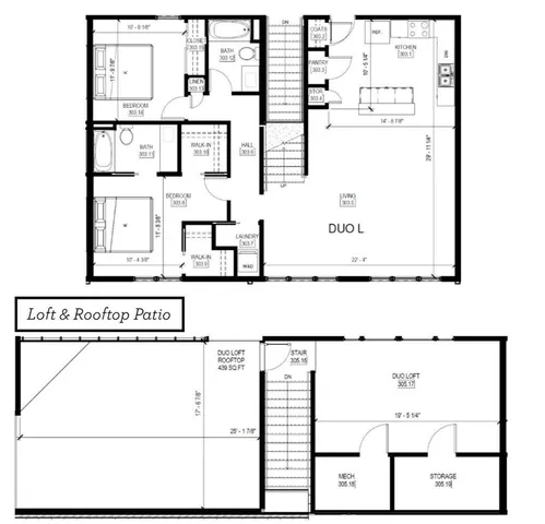 Contemporary floor plan featuring Duo L layout with 2 bedrooms, 2 bathrooms, open-concept living area, and kitchen. Includes spacious loft and rooftop patio, perfect for entertaining.