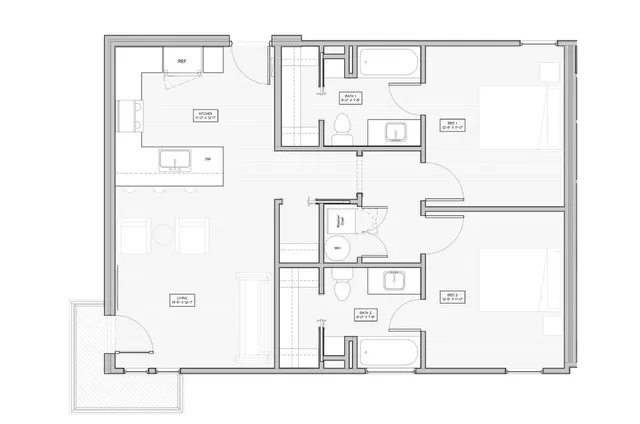 Elegant floor plan featuring 2 spacious bedrooms, 2 modern bathrooms, an open-concept living area, and a stylish kitchen layout.