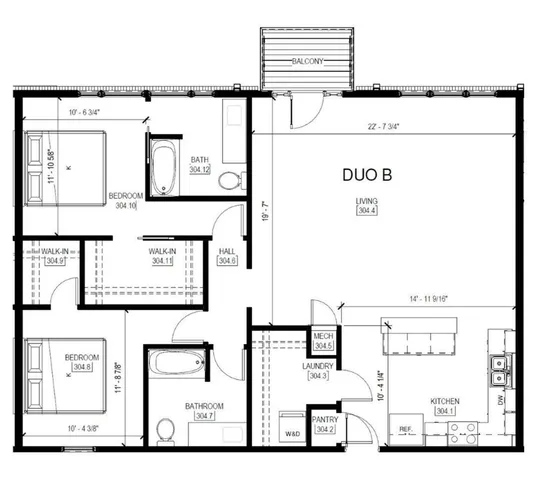 Modern floor plan named DUO B featuring 2 bedrooms, 2 bathrooms, spacious living area, open kitchen, and balcony.