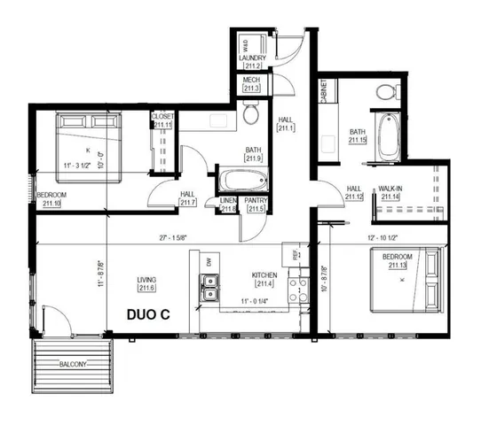 Inviting floor plan labeled DUO C showcasing 2 spacious bedrooms, open kitchen with dining area, cozy living room, 2 modern bathrooms, and private balcony.