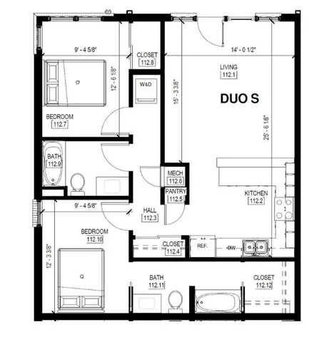 Modern floor plan layout featuring 2 bedrooms, 2 bathrooms, with a spacious living area and a well-equipped kitchen labeled as \'DUO S\'.