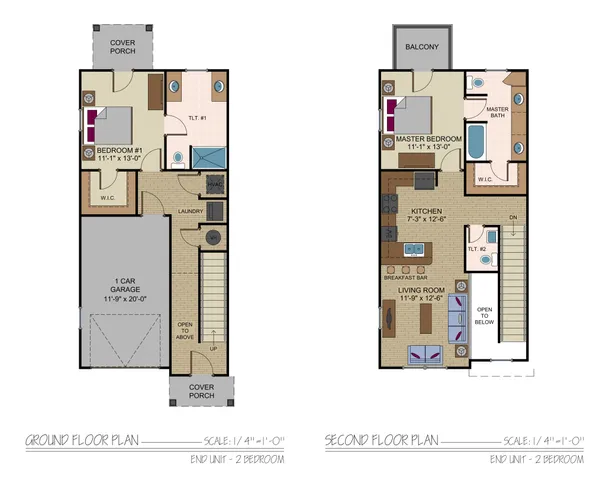 Modern two-story floor plan showcasing 2 bedrooms with en-suites, open-concept living area, and a sleek kitchen with breakfast bar. Includes a 1-car garage and inviting balcony.