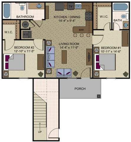 Charming floor plan featuring 2 bedrooms, an inviting living room, and a stylish kitchen with a bar area, complete with a welcoming porch entry.