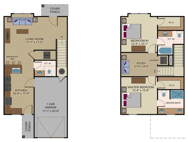 Modern 2-story floor plan with spacious living room, open kitchen with breakfast bar, 3 bedrooms including master suite, study, and a 1-car garage.