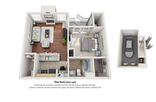 Charming 3D floor plan of The York, featuring a cozy living room with a fireplace, a modern kitchen with an island, a spacious bedroom, and an attached garage, all within 662 sqft.