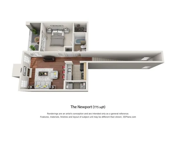 Inviting 3D floor plan of The Newport, showcasing 775 sqft with a modern bedroom, cozy living room, sleek kitchen, and functional bathroom.