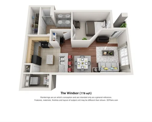 The Windsor floor plan featuring a cozy 778 sq ft layout with one bedroom, modern kitchen with breakfast bar, stylish living room, and spacious bathroom.