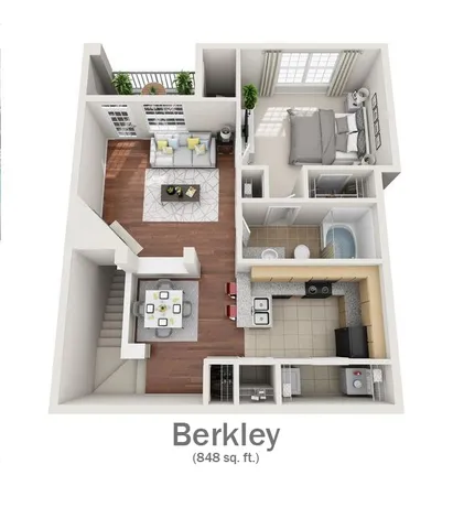 Berkley apartment floor plan with a spacious bedroom, cozy living room, modern kitchen, and elegant bathroom in 848 sq ft.
